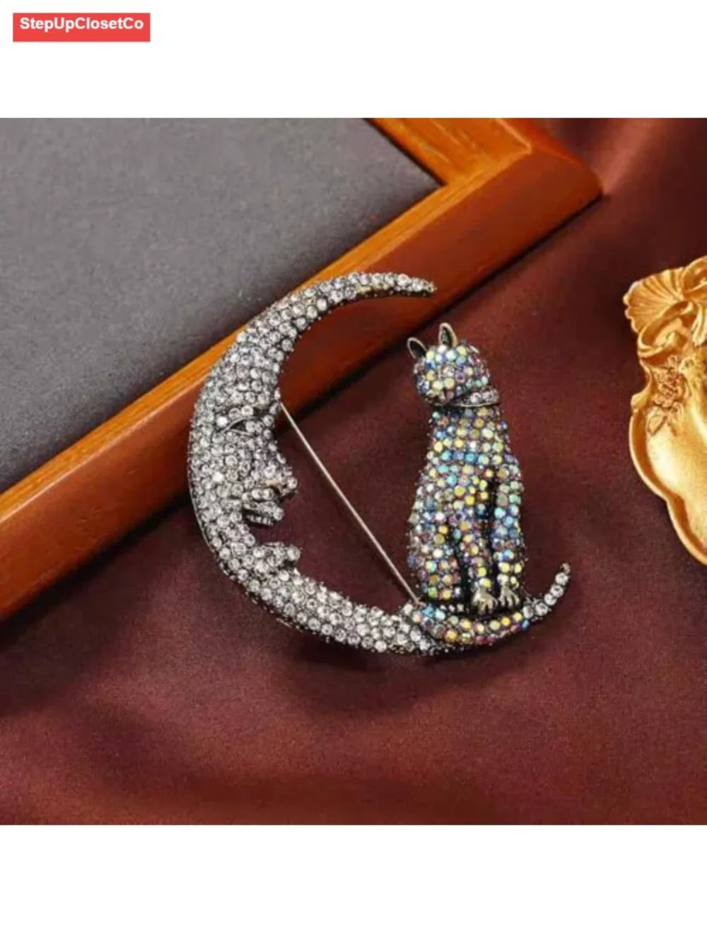 Rhinestone Cat on Moon Brooch Pin Vintage AB Crystal Kitten Crescent Celestial